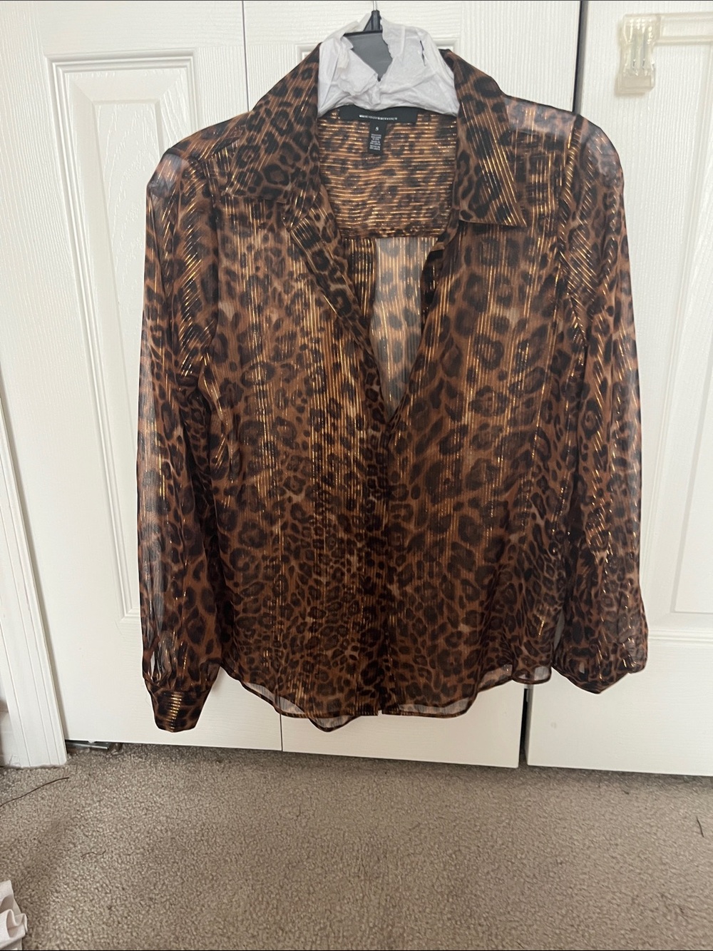 White House Black Market Sheer Leopard-Print Button Front Blouse - Brown